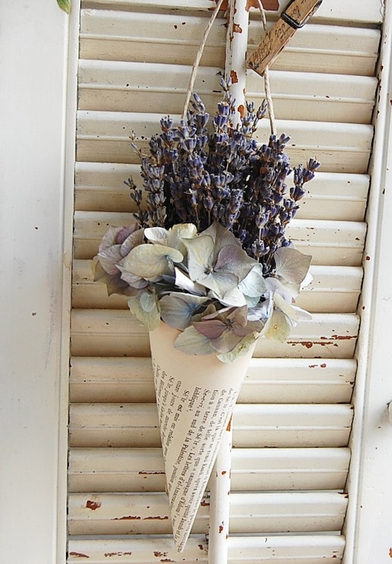 Vintage French Book Cone with Dried French Lavender and Hydrangea