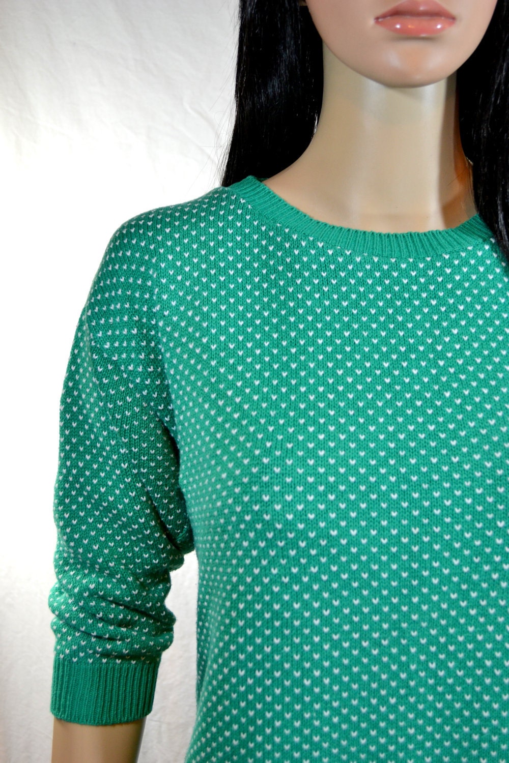 1980's SLOUCH SWEATER by R J Studio Made in USA size medium Green & White Heart Polkadot