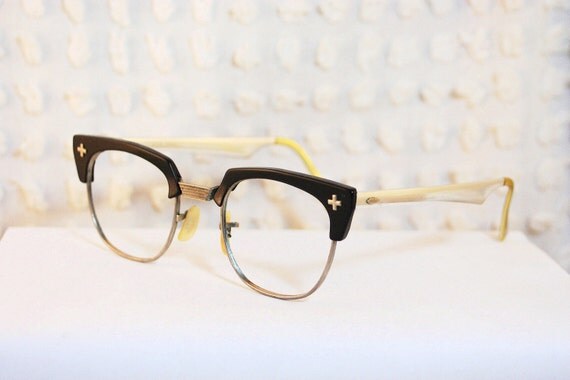 Black Cross Browline 1950's Eyeglasses G Man Zyl Silver Aluminum Mirror Temple Large Size 48/22 by Bausch and Lomb