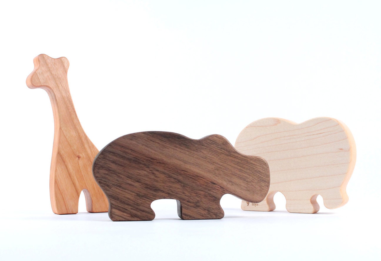 wooden teething toys - THREE natural wood teethers, free play toys for preschooler, African safari animals, eco-friendly with organic finish