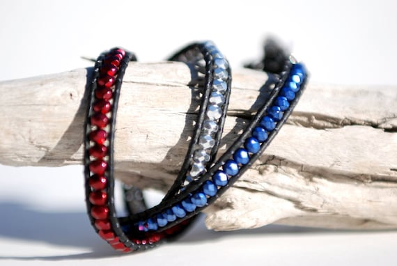 American flag bracelet. Triple wrap leather bracelet with red, silver and blue fire polished beads. Leather wrap bracelet. WFP3v001