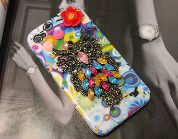Back Front Hard Case Cover With Antique Brass Cute Owl Resin Flower for Apple iPhone 4 , iPhone 4s, iPhone 4 Hard Case, iPhone Case MB104