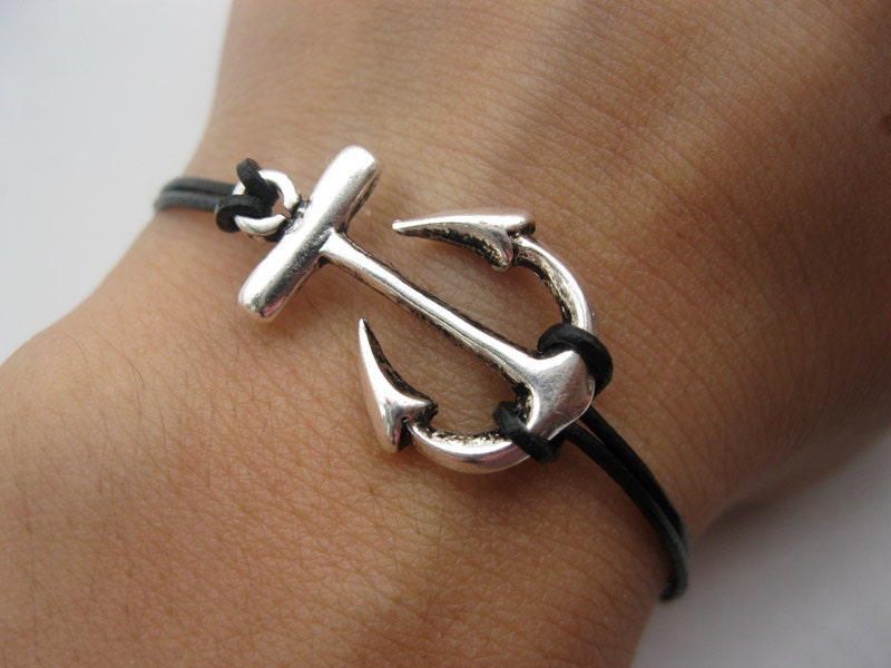 Bracelet-antique silver anchor bracelet,anchor real leather bracelet