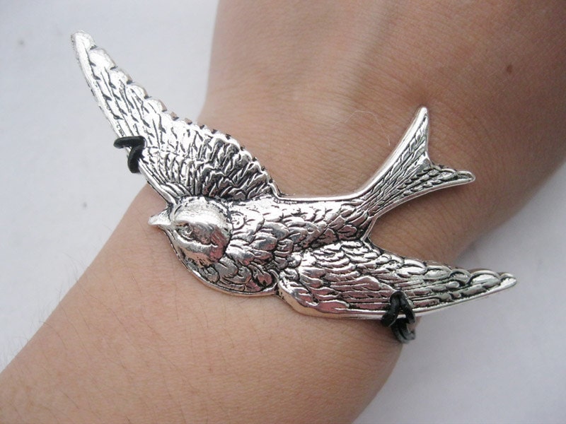 Bracelet-antique silver bird bracelet,black reall leather  bracelet