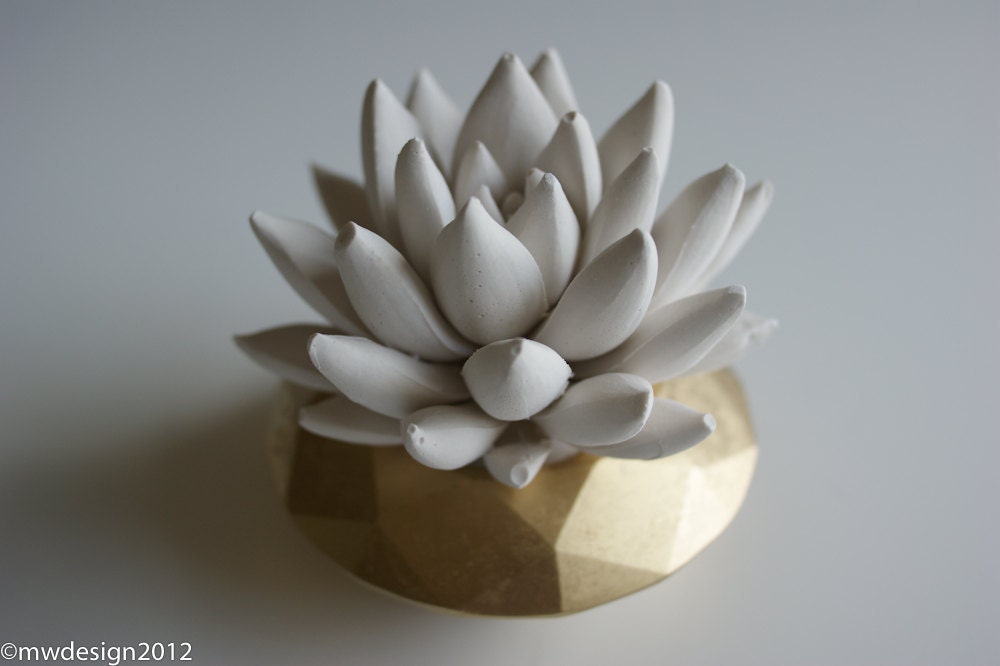 White Succulent Sculpture in Modern Faceted Geometric Gold Container, Tabletop Centerpiece, Desktop Home Decor
