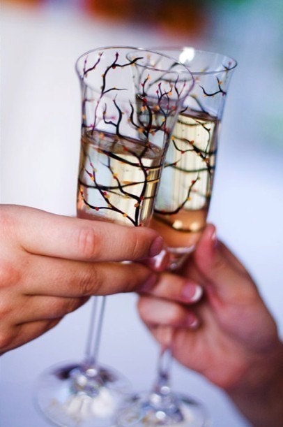 Personalized Tree Branch Wedding Toasting Flutes--Set of 2 Customized Champagne Flutes