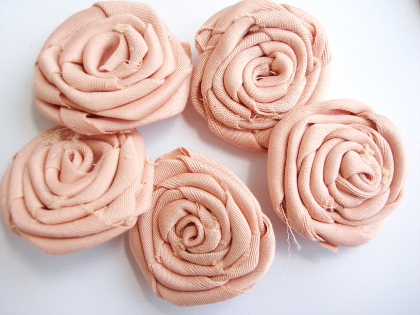 Pastel  Apricot  5 Frayed Shabby Chic Rolled Fabric Roses Handmade Fabric Flowers