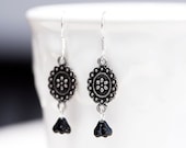 Black Floral Earrings Antiqued Silver Floral Pendant Black Flower Bead Black Earrings - E096