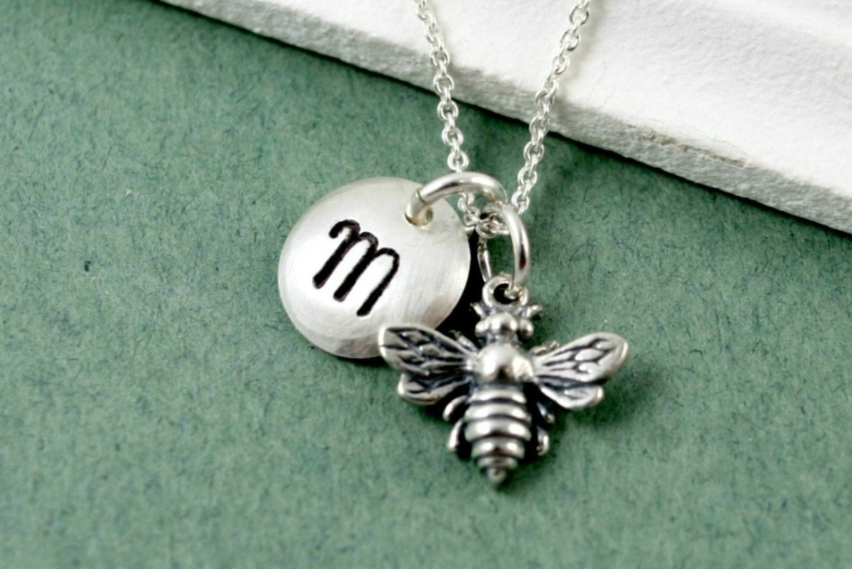 Personalized Bee Necklace - Sterling Silver Bee - Monogrammed Disc - Customized Bridal Jewelry