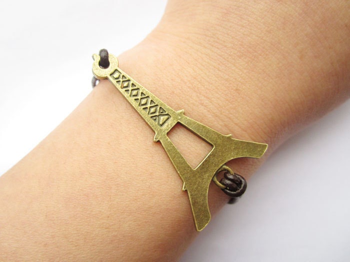 Bracelet---antique bronze big Eiffel Tower & brown leather chain