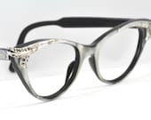 Vintage Cat Eye Glasses, Pearlescent Gray with Beautiful Feathered Corners and Black Diamond Rhinestones, France, Size Large
