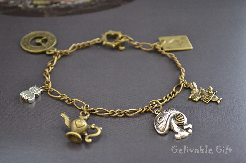 Antique brass and silver Alice in Wonderland charm bracelet BAW02