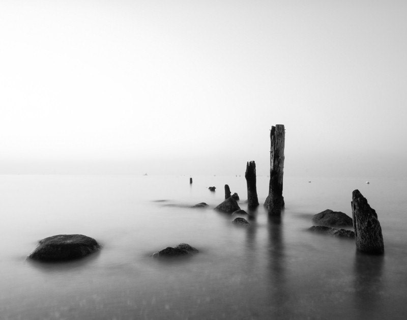 Foggy New England Sea - "Sticks and Stones Stew" - 11x14 Black and White Nature Nautical Photo Print - Beach House Decor