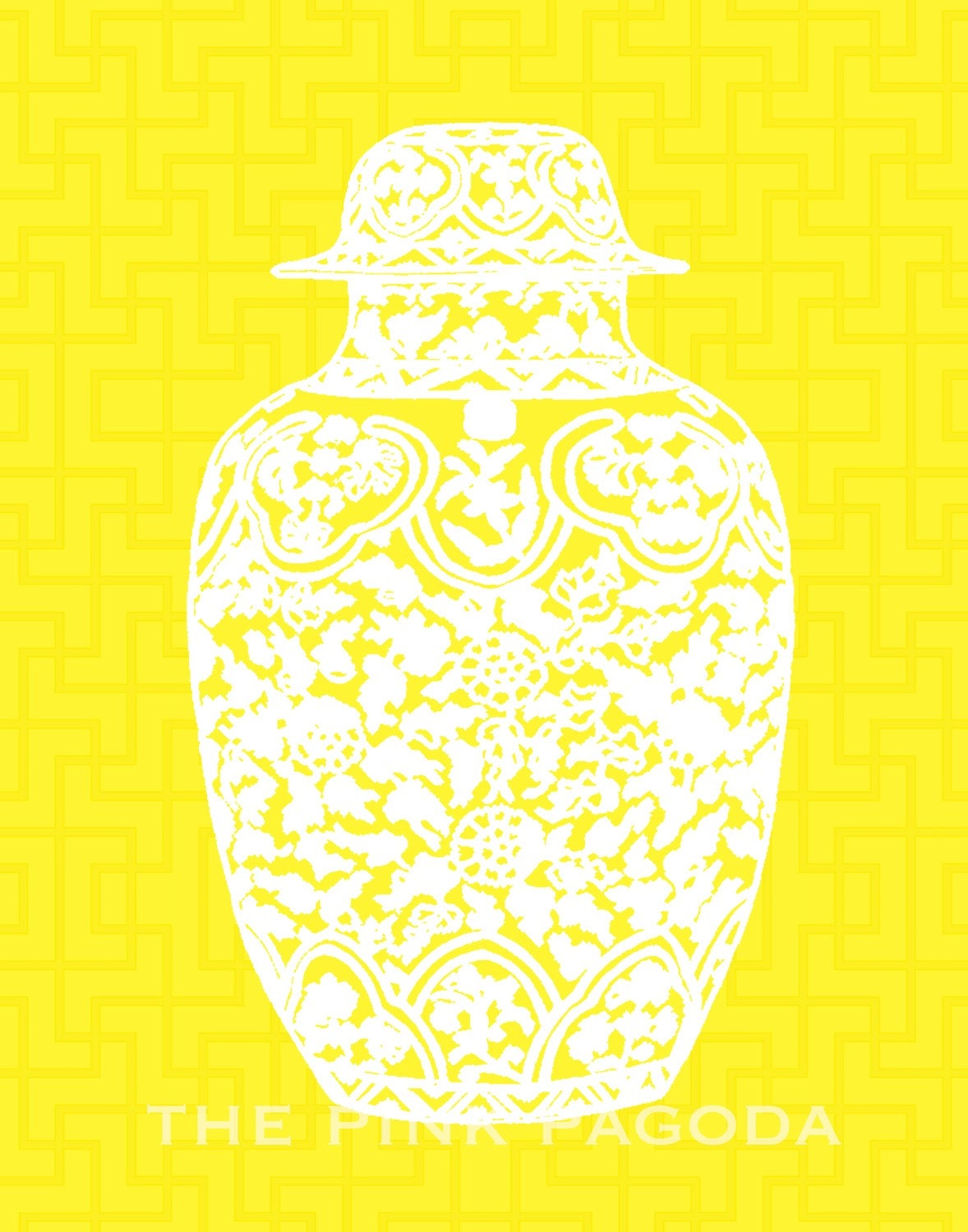 White Ming Chinoiserie Ginger Jar on Yellow Chinese Lattice 11x14 Giclee