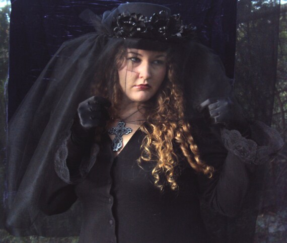 Black Top Hat Gothic Victorian Wedding Bridal Halloween Mourner Black Widow
