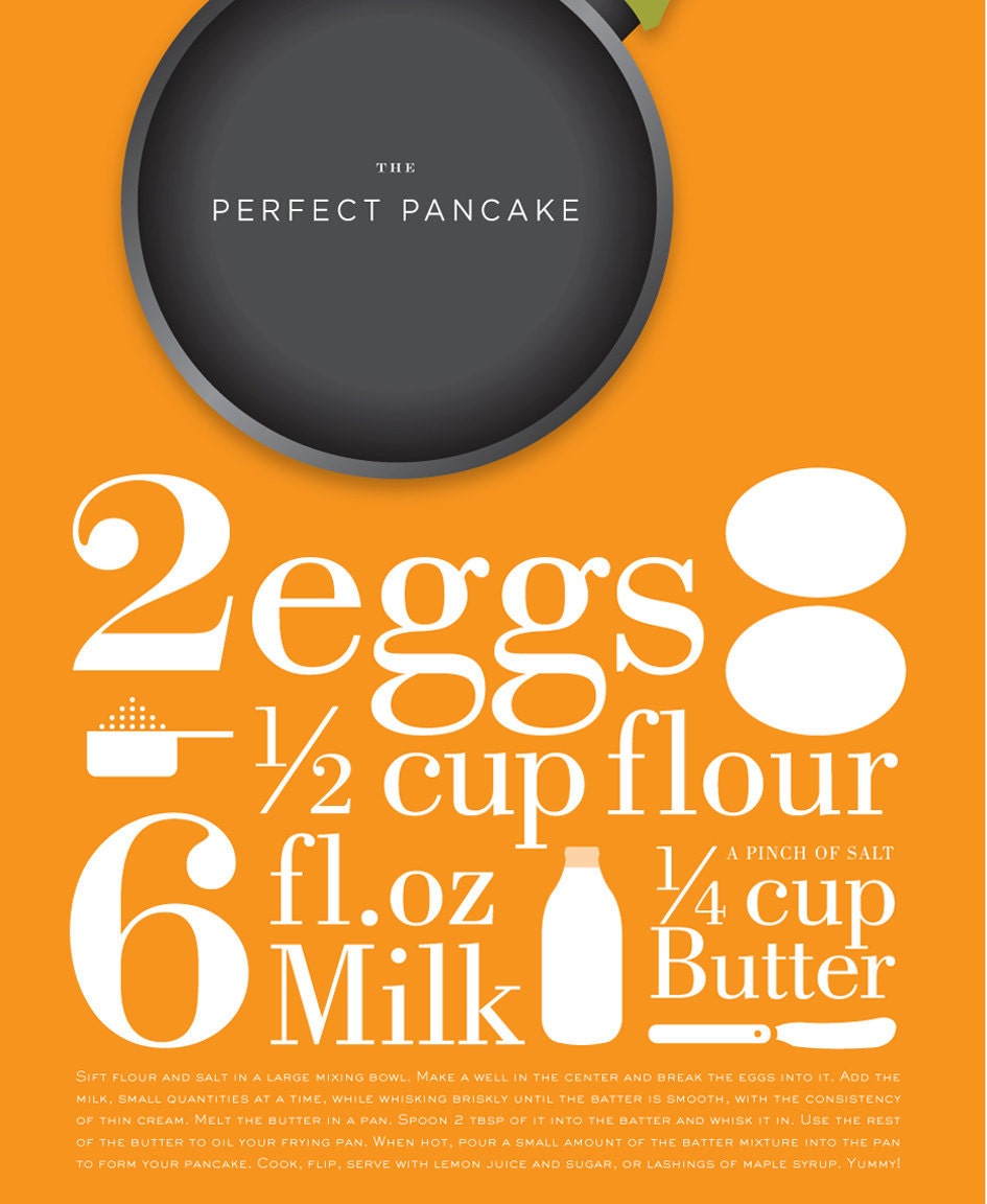 Mid century poster kitchen print , The Perfect Pancake recipe, 11 x 17 in, A3 artists giclée print