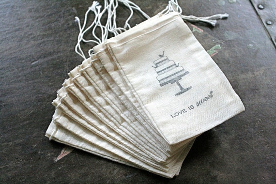 Favor bags, muslin, 3x5. Set of 80.  Cake with birds and Love is Sweet script.  Birthday, wedding, shower.