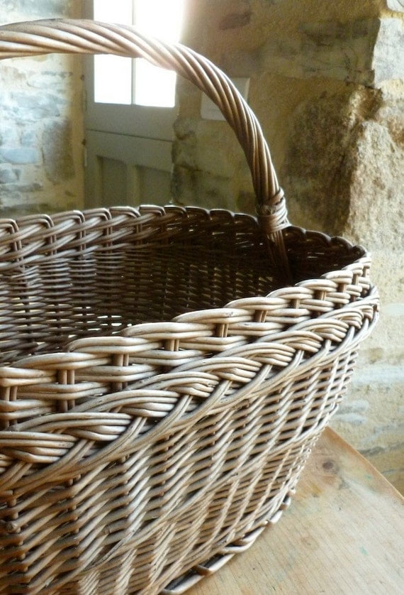 French handmade market shopping basket, vintage wicker basket for Easter