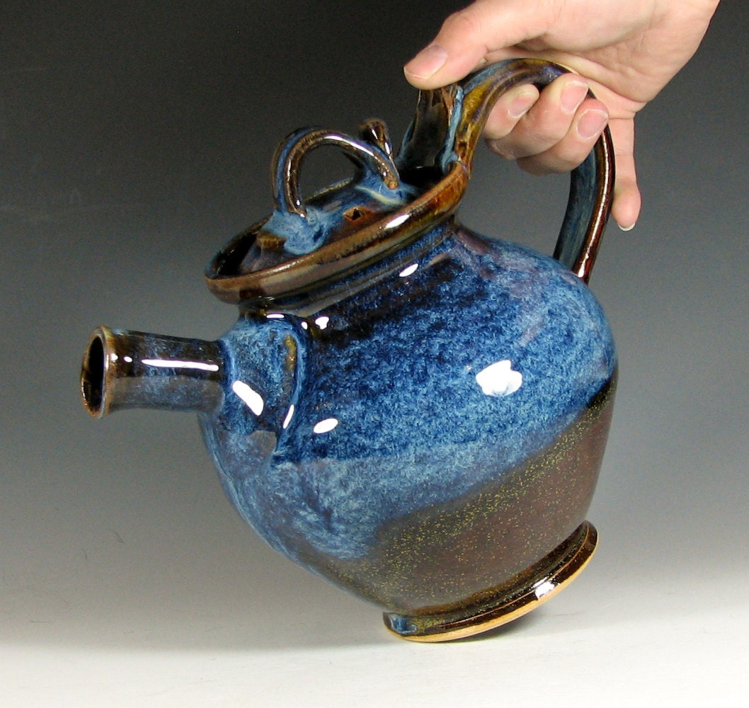 Teapot ceramic serving tea, hostess entertaining, glazed in caramel brown blue cream, handmade by hughes pottery