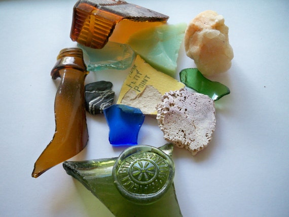 Sea glass, shells, pottery, stones - ocean and beach treasures
