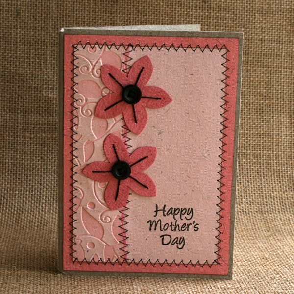 Mothers Day card eco-friendly reusable embossed pink flower duet with buttons and stitching