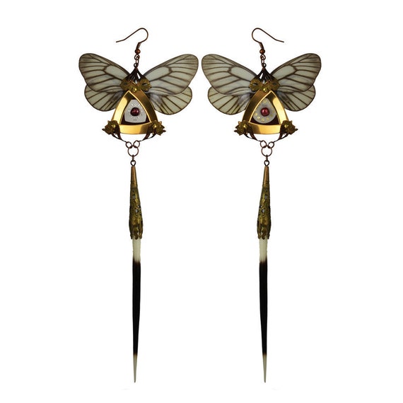 Long Dangle Butterfly Earrings - Steampunk Fairy Jewelry - 24K Gold Plated - With Real Butterflies Wings and Porcupine Quills