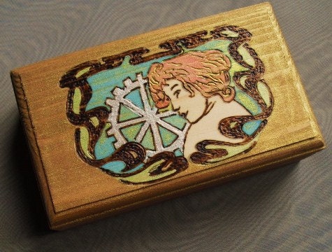 Wood Burned/Hand Painted Art Nouveau Goddess Jewelry Trinket Boxes